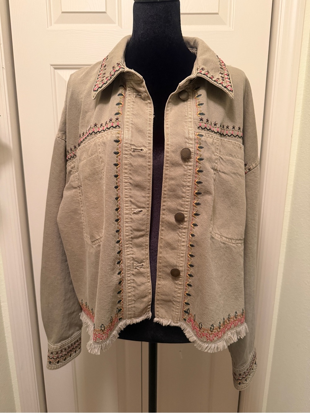 Zara Beige Embroidered Fringe Hem Jean Jacket